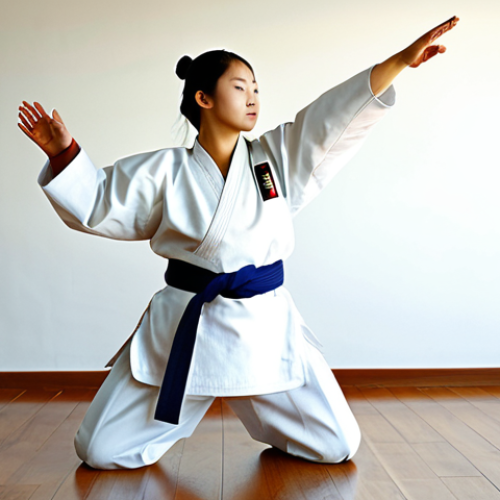 Home 11 A serene adult Taekwondo practitioner, fully clothed in a traditional white dobok, gracefully performing a precise Poomsae (form) in a sunlit dojang. The atmosphere emphasizes discipline, focus, and the philosophical aspects of the martial art. The background features polished wooden floors and traditional wall decor, evoking a sense of calm and respect. Natural pose, perfect anatomy, correct proportions, well-formed hands, proper finger count, natural body proportions. Professional photography, high detail, studio lighting, family-friendly, appropriate content, safe for work, modest clothing, appropriate attire.