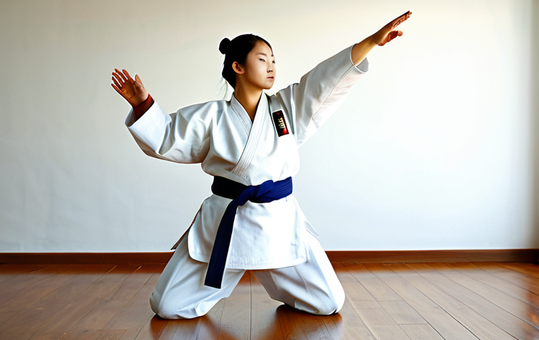 A serene adult Taekwondo practitioner, fully clothed in a traditional white dobok, gracefully performing a precise Poomsae (form) in a sunlit dojang. The atmosphere emphasizes discipline, focus, and the philosophical aspects of the martial art. The background features polished wooden floors and traditional wall decor, evoking a sense of calm and respect. Natural pose, perfect anatomy, correct proportions, well-formed hands, proper finger count, natural body proportions. Professional photography, high detail, studio lighting, family-friendly, appropriate content, safe for work, modest clothing, appropriate attire.