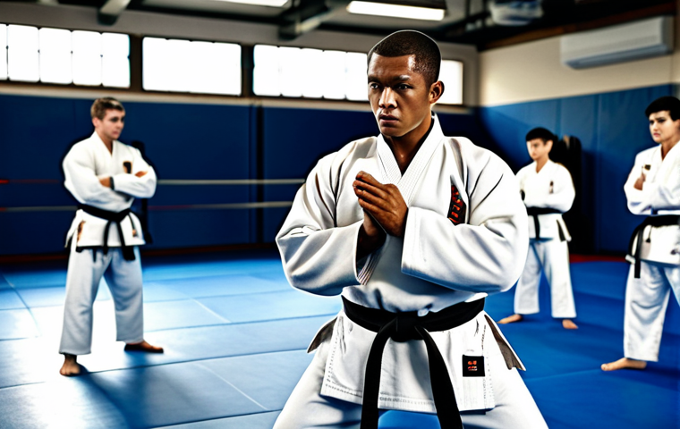 태권도 경기 전략 수립 - **
"A focused martial artist in a fully clothed traditional uniform, strategizing before a match. A...