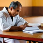 태권도 미니 경기 개최법 - **Prompt:** A Portuguese Taekwondo master, in their late 30s to early 50s, male or female, sits at a...