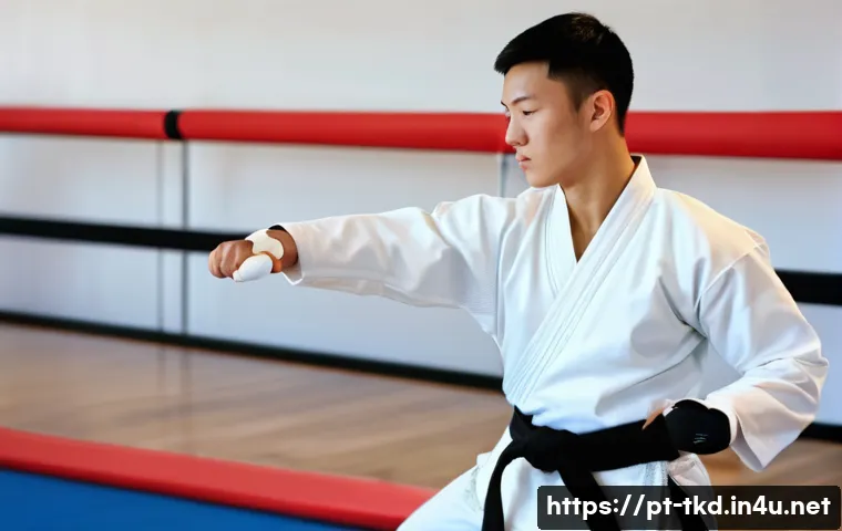 태권도 대회 준비 체크리스트 - A focused martial arts athlete in a clean, white dobok with a neatly tied belt, performing dynamic s...
