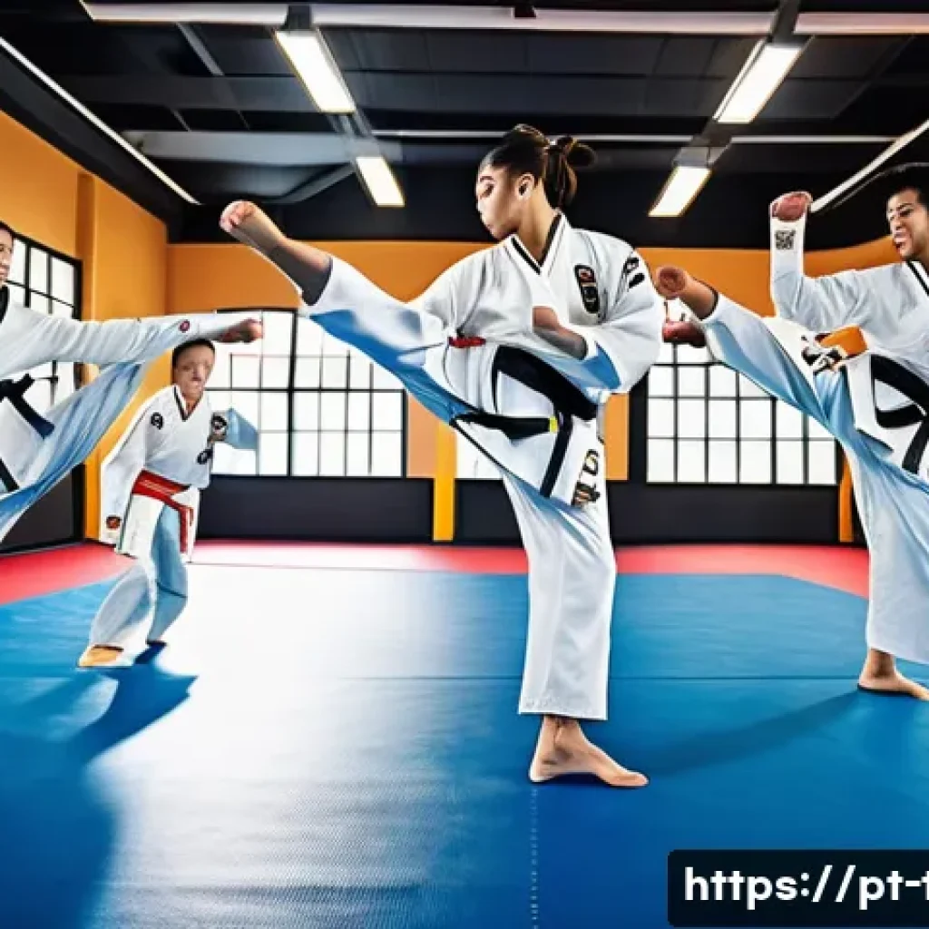 태권도 홍보 동영상 제작법 - A dynamic action shot of a diverse group of taekwondo practitioners performing synchronized high kic...