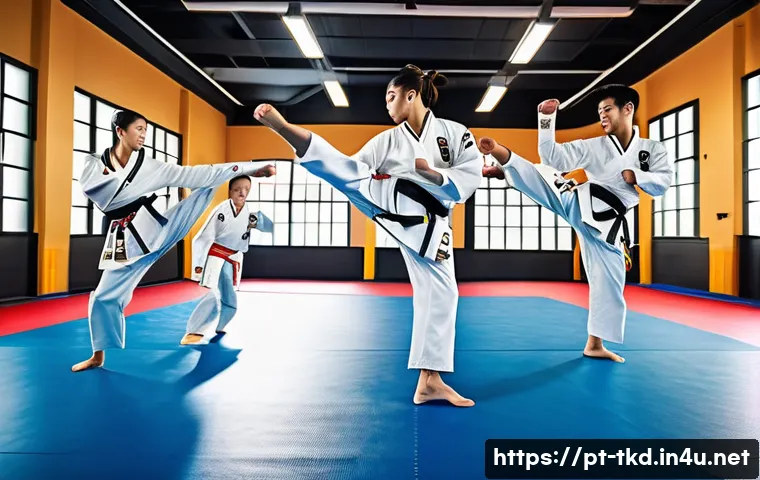 태권도 홍보 동영상 제작법 - A dynamic action shot of a diverse group of taekwondo practitioners performing synchronized high kic...