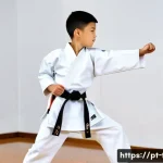 Home 22 태권도 유단자와 유급자 차이 - A young taekwondo practitioner wearing a traditional white dobok with a colored belt, practicing bas...