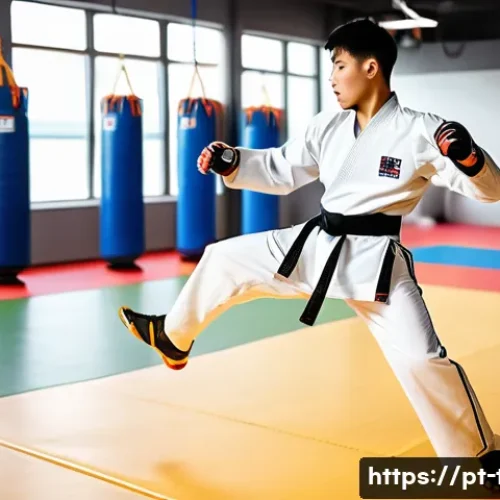 Home 33 태권도 체력 테스트 방법 - A dynamic scene of a male taekwondo athlete performing rapid agility drills in a well-lit, spacious ...