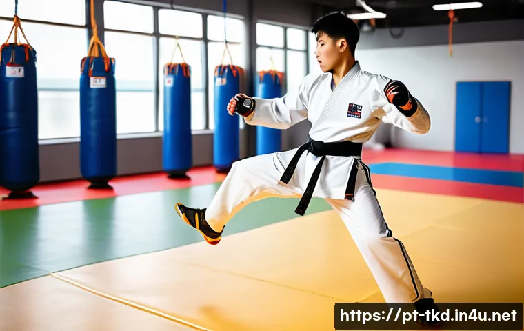 태권도 체력 테스트 방법 - A dynamic scene of a male taekwondo athlete performing rapid agility drills in a well-lit, spacious ...
