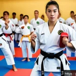 Home 20 태권도 역사와 기원 - A dynamic scene inside a modern Taekwondo dojo located in a vibrant Latin American city, featuring d...