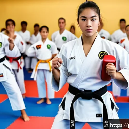 Home 32 태권도 역사와 기원 - A dynamic scene inside a modern Taekwondo dojo located in a vibrant Latin American city, featuring d...