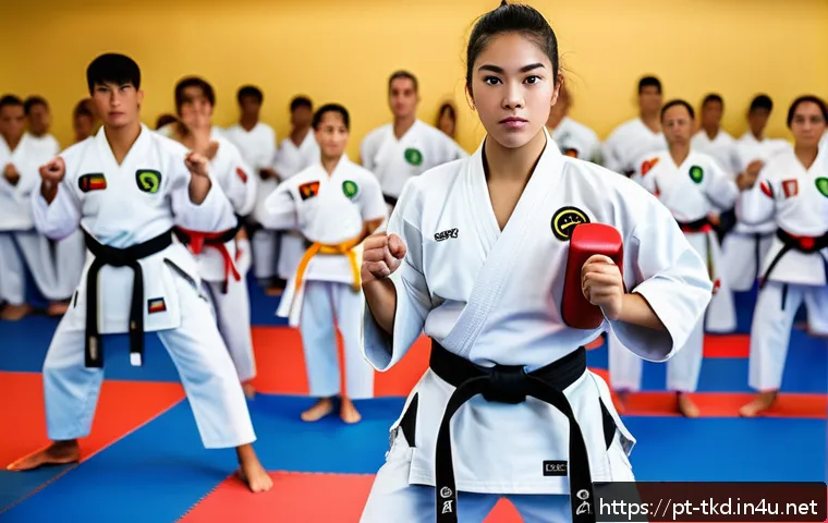 태권도 역사와 기원 - A dynamic scene inside a modern Taekwondo dojo located in a vibrant Latin American city, featuring d...