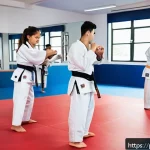 Home 19 태권도 창업 아이디어 - A modern taekwondo academy interior with bright natural lighting and spacious layout, featuring high...