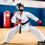 Home 18 태권도 대회 참관 리뷰 - A dynamic scene of a young adult taekwondo athlete in a modern gym, wearing a breathable, flexible d...