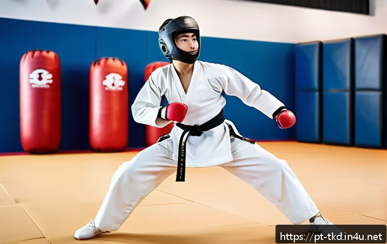 태권도 대회 참관 리뷰 - A dynamic scene of a young adult taekwondo athlete in a modern gym, wearing a breathable, flexible d...