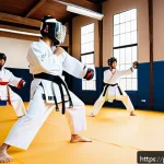 Home 23 태권도 동호회 가입 장점 - A dynamic Taekwondo training session in a bright, modern martial arts studio with diverse adult stud...