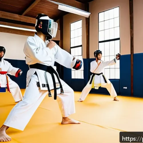 Home 17 태권도 동호회 가입 장점 - A dynamic Taekwondo training session in a bright, modern martial arts studio with diverse adult stud...