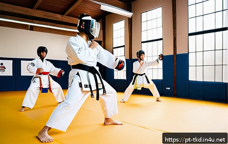 태권도 동호회 가입 장점 - A dynamic Taekwondo training session in a bright, modern martial arts studio with diverse adult stud...