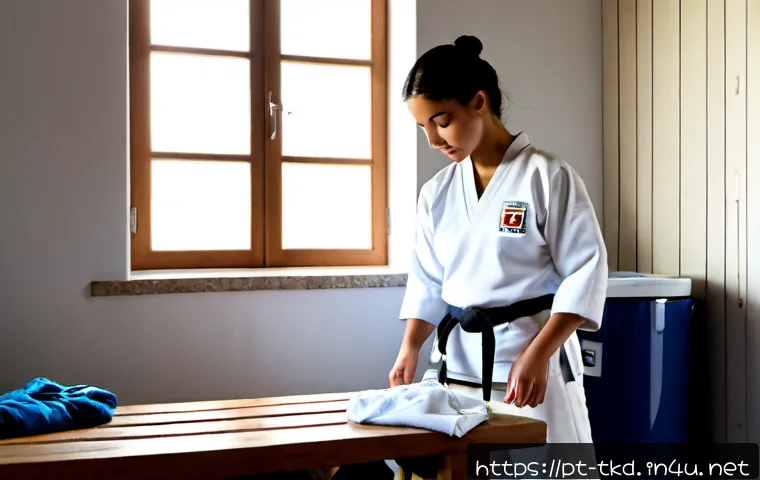 Home 17 태권도 도복 세탁 및 관리법 - Photorealistic home laundry scene in Portugal, a clean white taekwondo uniform with belt carefully p...
