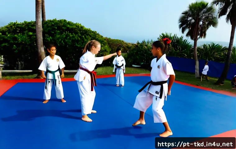 Home 17 태권도 여름 캠프 소개 - Photorealistic Brazilian taekwondo summer camp at a bright coastal sports center, diverse children a...
