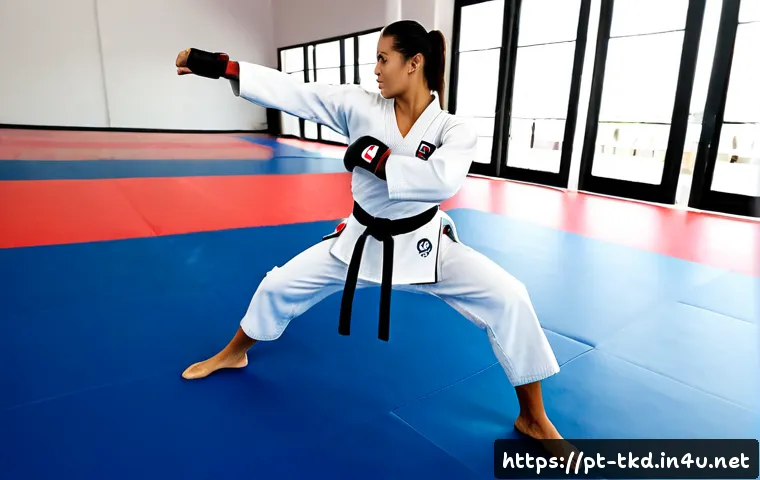 Home 17 태권도 심화 훈련 프로그램 - Photorealistic advanced taekwondo training session in a bright modern martial arts studio in São Pau...