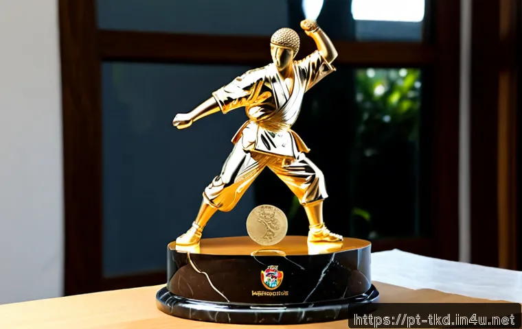 태권도 트로피 맞춤 제작 - Photorealistic custom taekwondo trophy workshop in Brazil, skilled artisan assembling a polished gol...