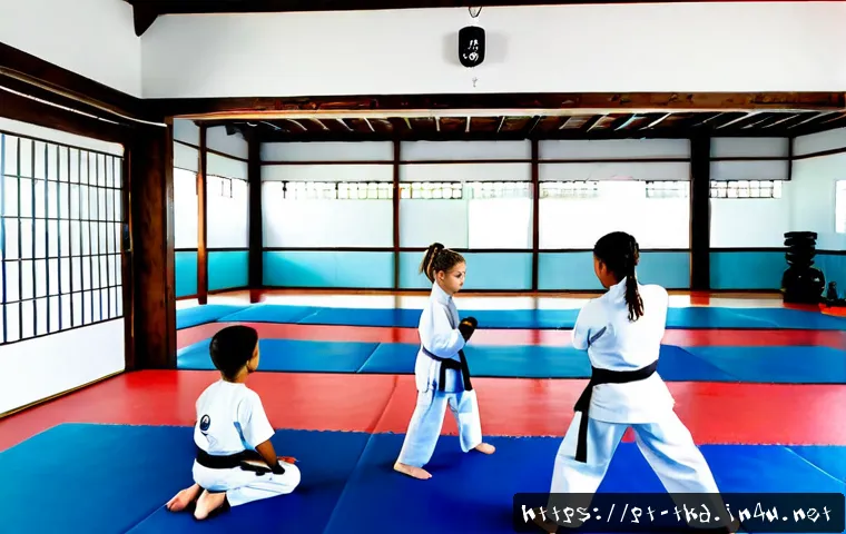 Home 17 태권도 도장 선택 기준 - Photorealistic Brazilian parent observing a children’s martial arts class through an open dojo doorw...