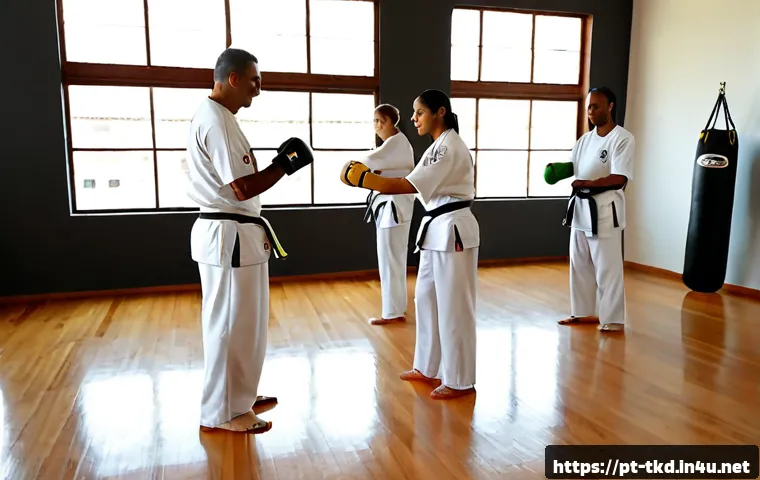 Home 30 태권도와 건강 증진 연구 - Photorealistic Brazilian community fitness studio, diverse adults practicing taekwondo kicking drill...