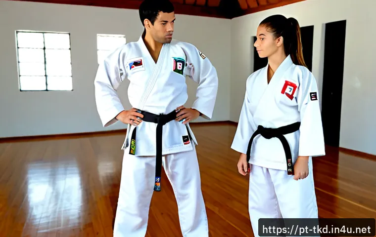Home 17 태권도 도복 크기 선택 팁 - Photorealistic martial arts uniform sizing comparison in a bright Brazilian training studio, a fully...